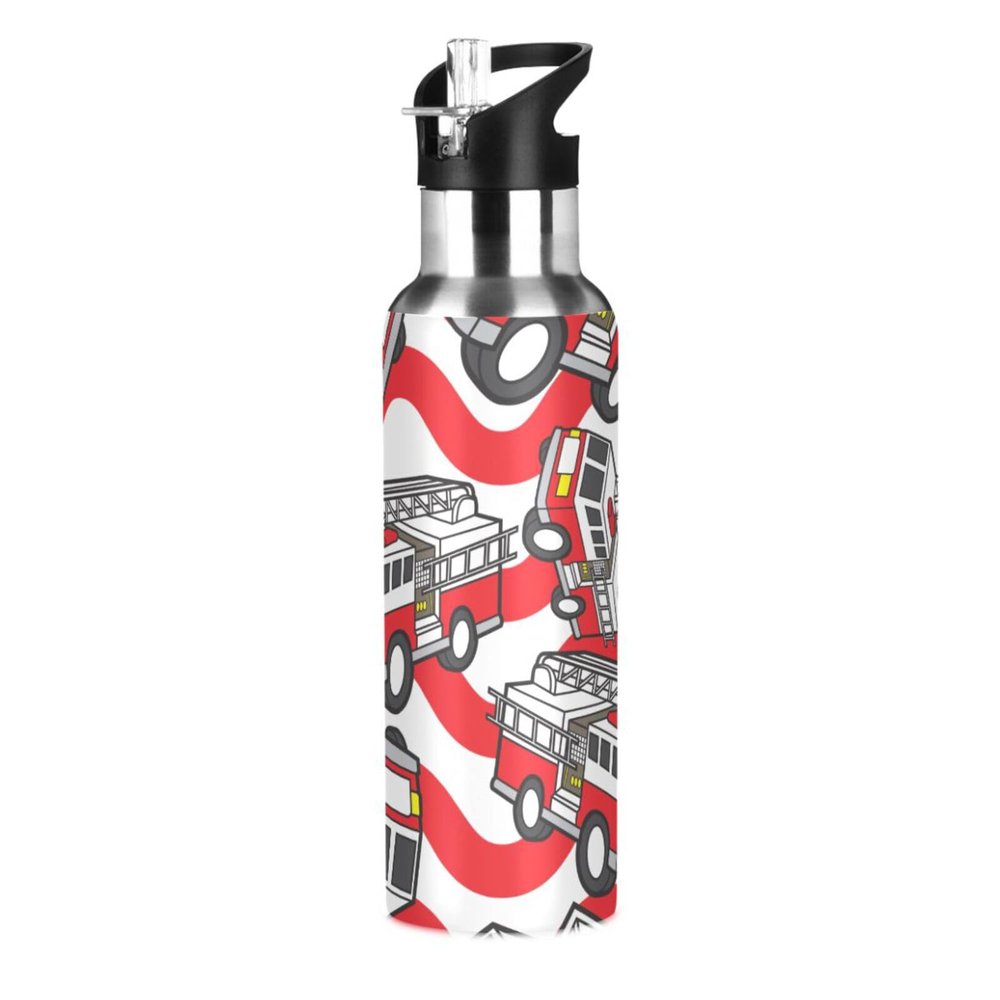 Cartoon Fire Truck Water Bottle with Straw Lid, Insulated Stainless Steel, Leakproof, 600 ml