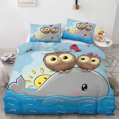 ROUSKI Kawaii Owl Duvet Cover Set, 220 x 240 cm, 3-Piece, 100% Lightweight Microfiber, Reversible 3D Design, 2 Pillowcases