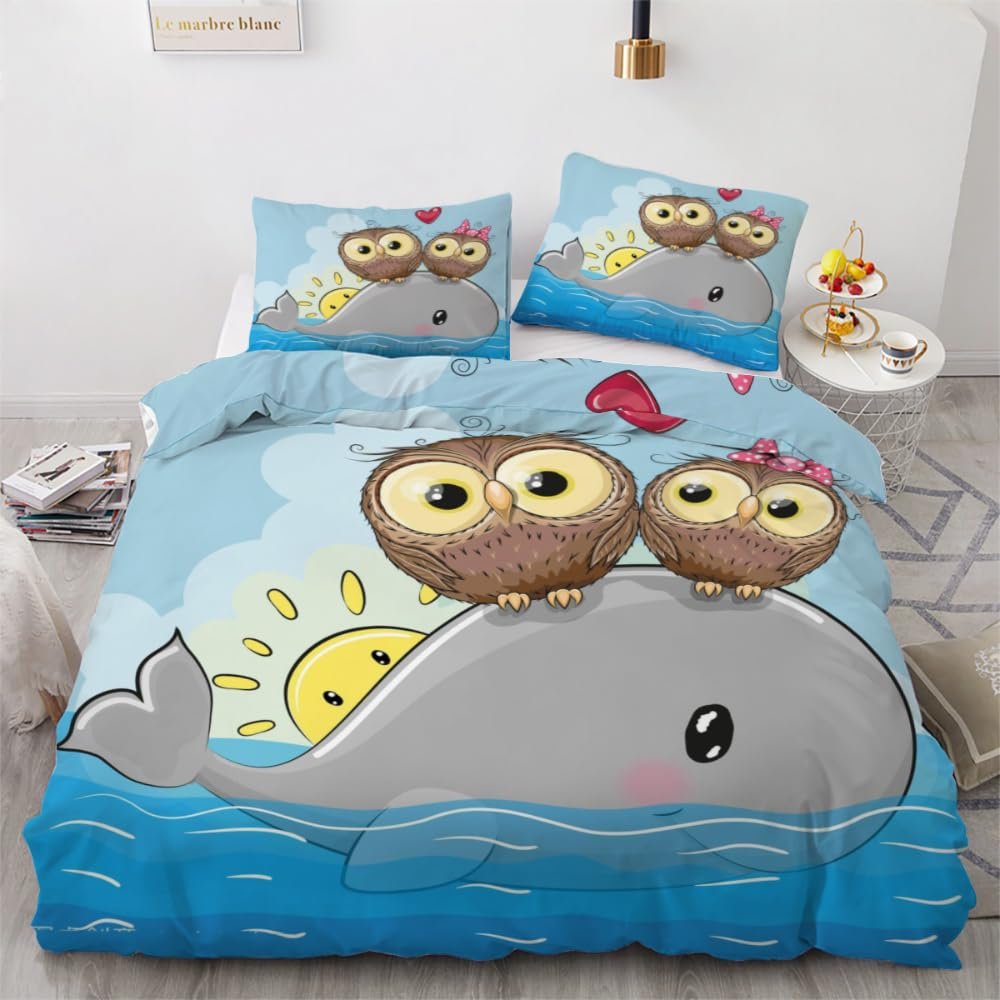 ROUSKI Kawaii Owl Duvet Cover Set, 220 x 240 cm, 3-Piece, 100% Lightweight Microfiber, Reversible 3D Design, 2 Pillowcases
