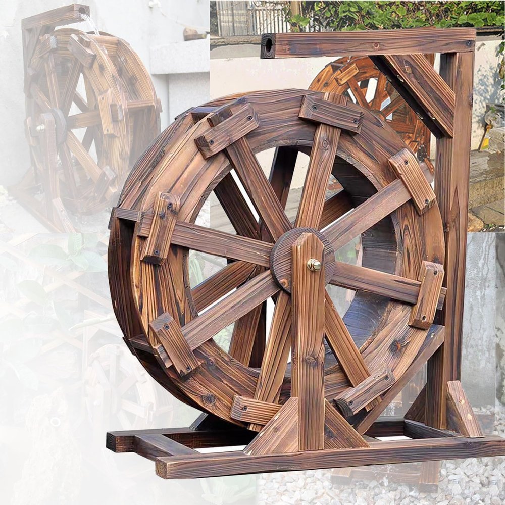 XTGDIEM Wooden Water Wheel Fountain, Retro Garden Décor, Waterfall Feature, Pump-Driven (60 cm/23.6 in)