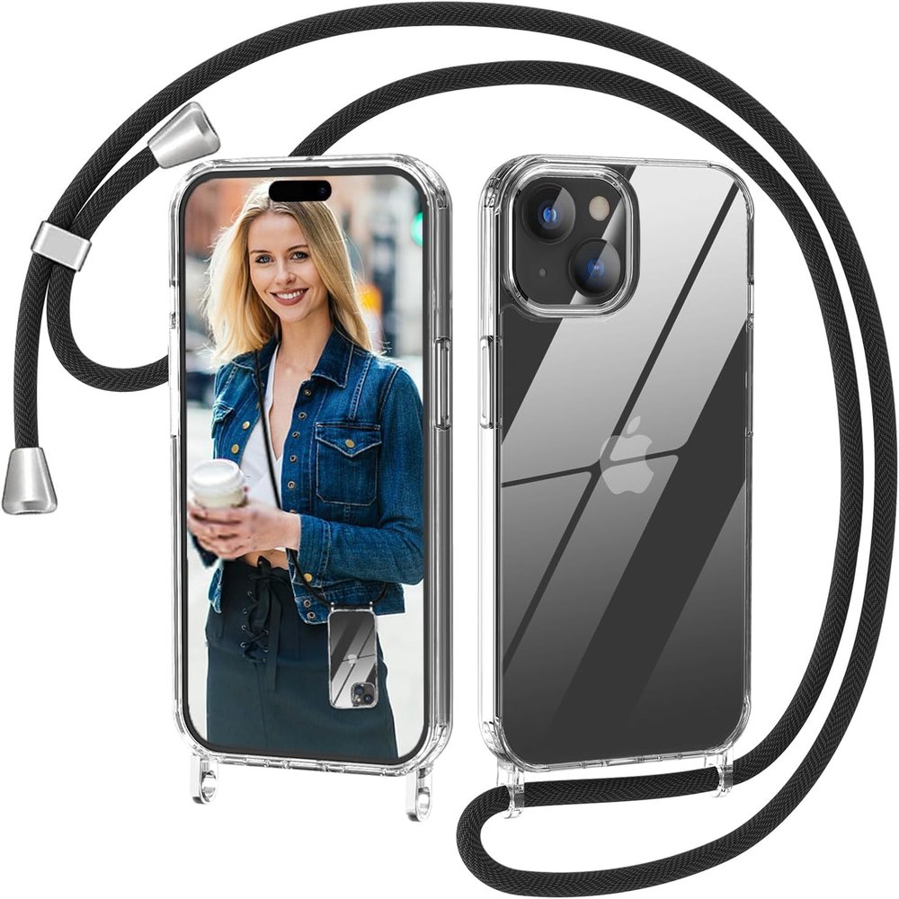 Nupcknn iPhone 15 Crossbody Case with Strap, Ultra-Thin Clear Case, Black, 1.6 m