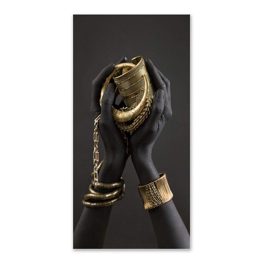 HYFBH Black Women Gold Jewelry Canvas Wall Art, African Luxury Style, 80 x 164 cm, Unframed