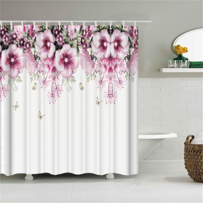 Anti-Mildew Shower Curtain 120 x 160 cm, White with Pink Flowers, Washable 3D Polyester Fabric, Antibacterial, with 12 Rings