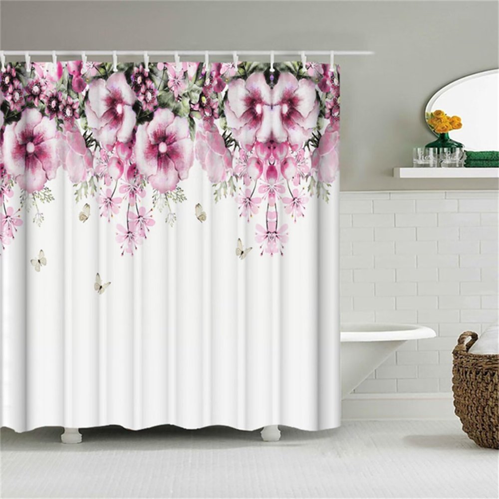 Anti-Mildew Shower Curtain 120 x 160 cm, White with Pink Flowers, Washable 3D Polyester Fabric, Antibacterial, with 12 Rings
