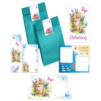 Minkocards 8 Cat Kitten Birthday Invitations for Girls, with Envelopes and Party Favor Set
