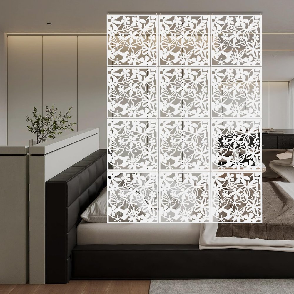 12-Piece Hanging Room Divider, 40 x 40 cm Decorative PVC Partition Panels, White