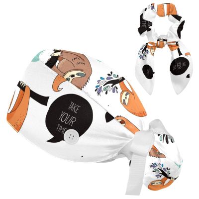 HOHODIY Cute Cartoon Sloth Cap with Hair Ties and Buttons for Long Hair, Adjustable Ponytail Work Cap for Women, Multicolor 08, M/L
