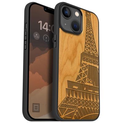 Carveit Wooden Case for iPhone 14, Cherry Wood Eiffel Tower Design