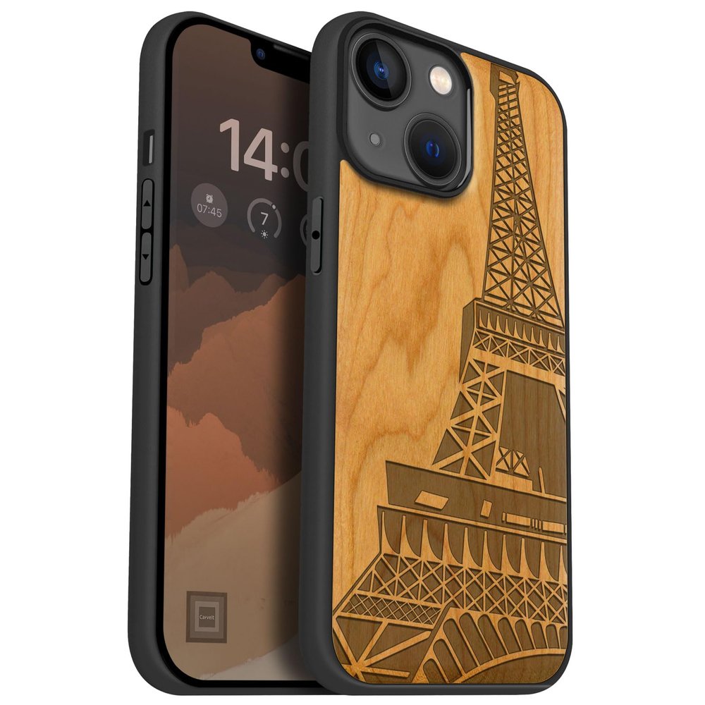 Carveit Wooden Case for iPhone 14, Cherry Wood Eiffel Tower Design