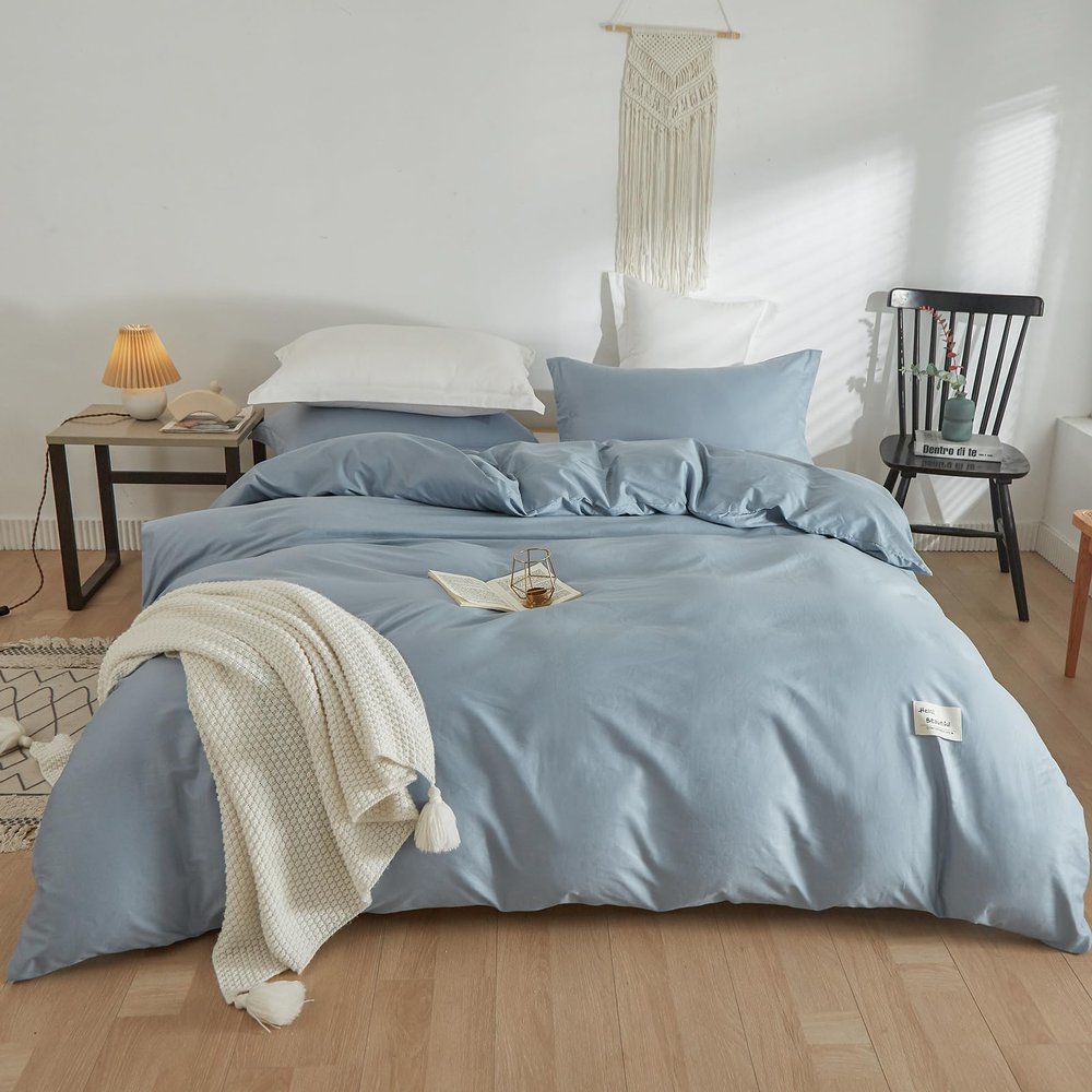 MEILA 3-Piece Bedding Set, Blue, 200 x 200 cm, 100% Cotton, with 2 Pillowcases