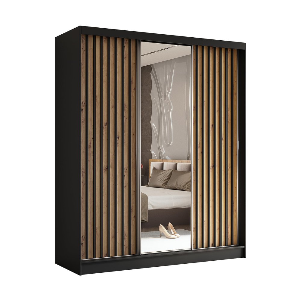 Margaret Hadas24 Erika Sliding-Door Wardrobe with Slatted Doors and Mirror, 180 cm, Black/Brown