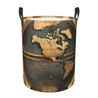 Ancient World Globe Portable Single-Layer Round Laundry Basket with Handles