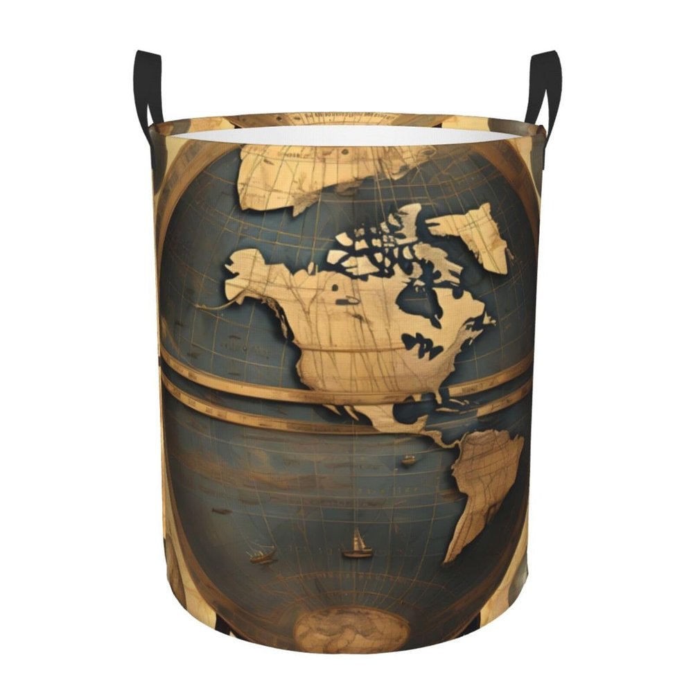 Ancient World Globe Portable Single-Layer Round Laundry Basket with Handles
