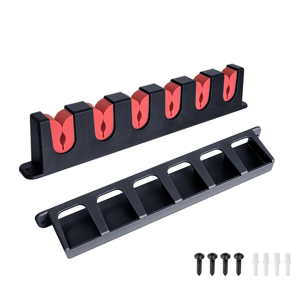 (Red) Vertical Wall-Mounted Fishing Rod Holder Rack, Space-Saving Storage for Garage, Cabin, or Basement, Holds up to 6 Rod-and-Reel Combos