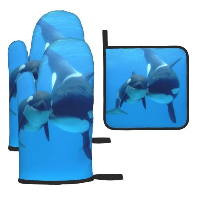 Oven Mitts and Pot Holder Set, Whale Print, Heat-Resistant, Washable, 3-Piece