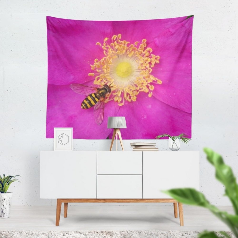 CEVAN Square Wall Tapestry, Bee Oriental Design, Rose Red, Printed Fabric, 100 x 70 cm