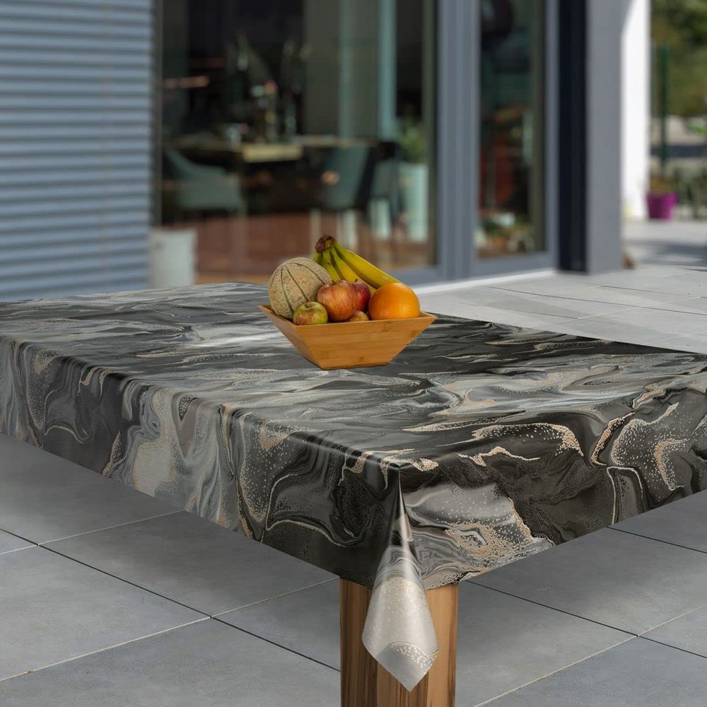 laro Washable PVC Oilcloth Tablecloth, Marble Black Beige Gray, 130 x 300 cm