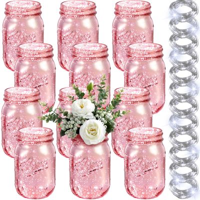Tioncy Decorative Mason Jars with Lights for Table Centerpieces, Pink, 12-Piece