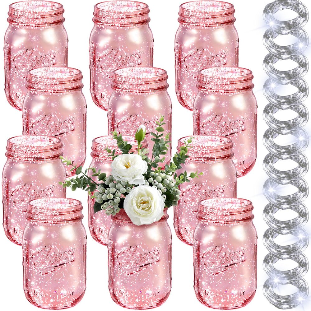 Tioncy Decorative Mason Jars with Lights for Table Centerpieces, Pink, 12-Piece