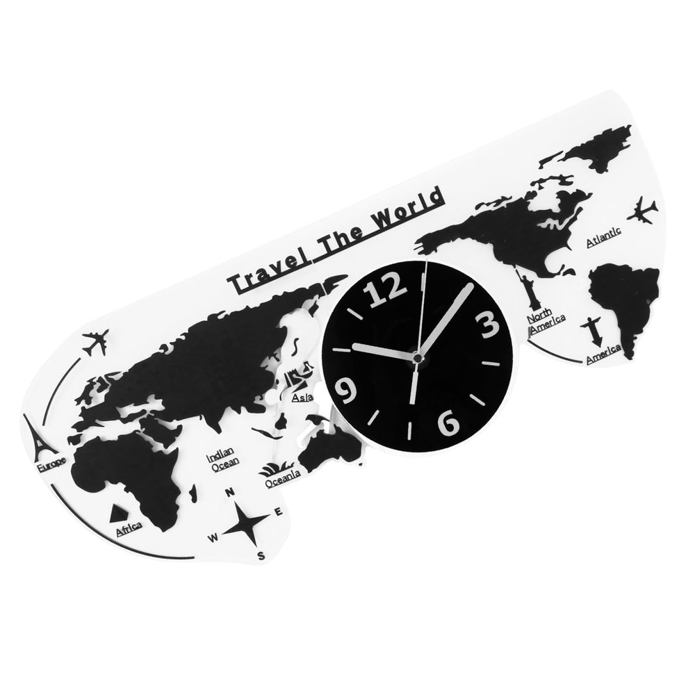 Acrylic World Map Wall Clock, 1 Set, Creative Black Wall Decor