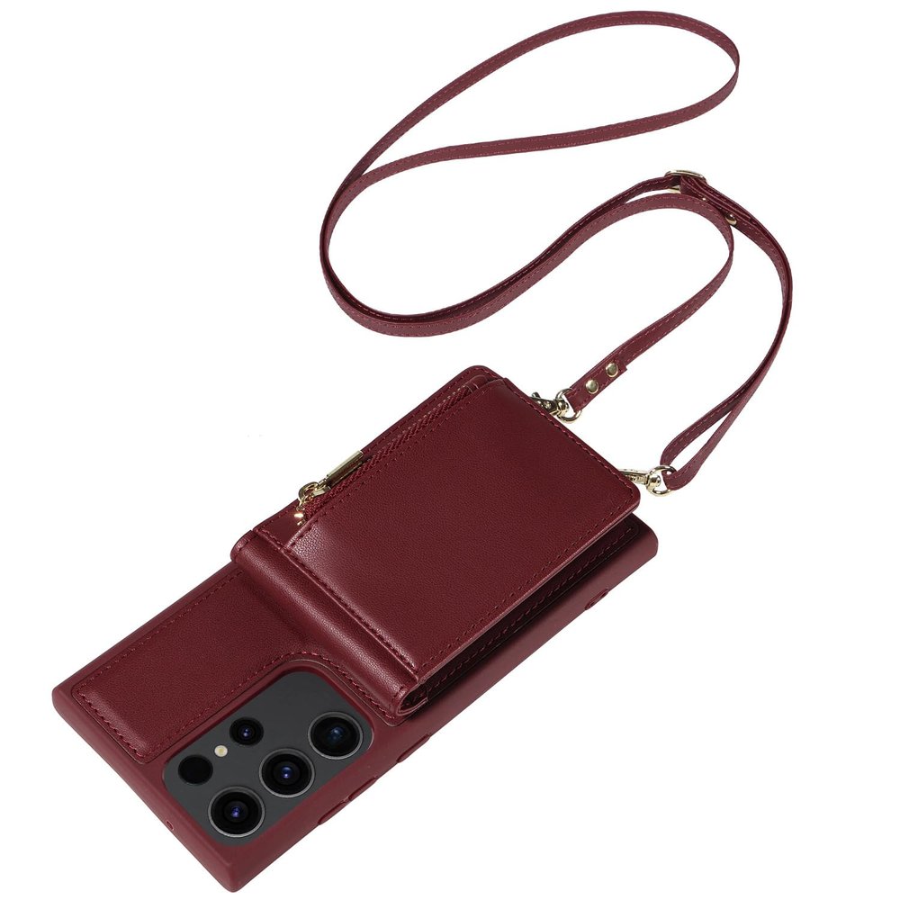 HAZARA Leather Phone Case for Samsung Galaxy S23 / S23 Plus / S23 Ultra, Long Shoulder Strap, RFID-Blocking Card Slot, Red (S23)
