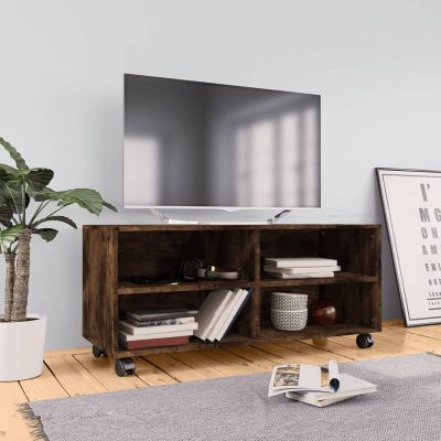 Homgoday TV Stand with Casters, Smoked Oak, 90 x 35 x 35 cm