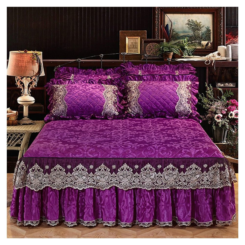 Velvet Bed Skirt and Quilted Fitted Sheet Set, Color #12, 180 × 220 cm