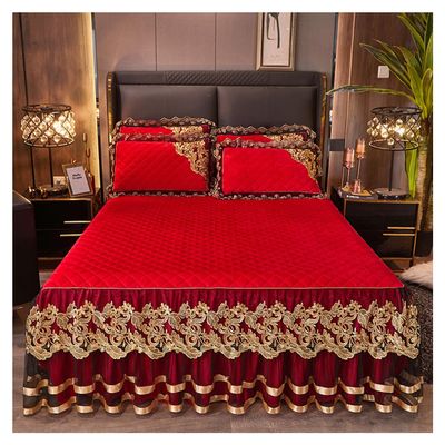 ELYSYSRL 3-Piece Velvet Ruffled Bed Skirt Set, 200x220 cm, Color #18