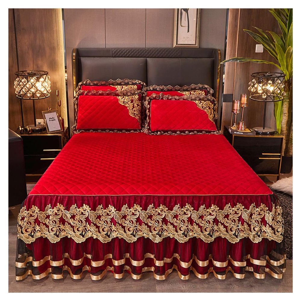 ELYSYSRL 3-Piece Velvet Ruffled Bed Skirt Set, 200x220 cm, Color #18