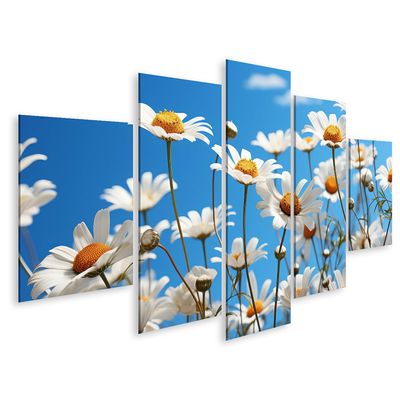 islandburner Canvas Wall Art, Flat Chamomile Flowers on Blue Background, 5-Piece Set JDXR-MFP