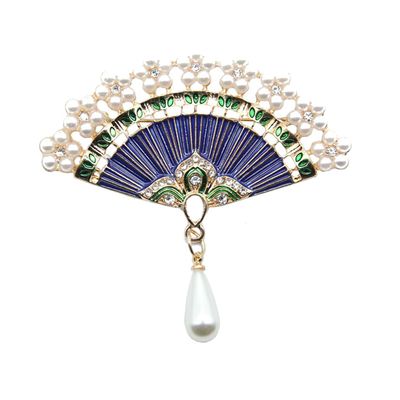YAHOYA Vintage Blue Enamel Fan Brooch with Rhinestones and Pearl Pendant