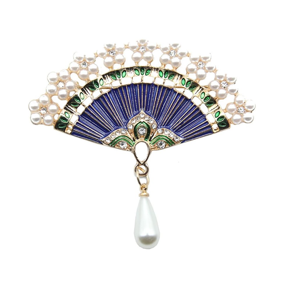 YAHOYA Vintage Blue Enamel Fan Brooch with Rhinestones and Pearl Pendant