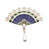 YAHOYA Vintage Blue Enamel Fan Brooch with Rhinestones and Pearl Pendant view 1