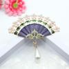 YAHOYA Vintage Blue Enamel Fan Brooch with Rhinestones and Pearl Pendant view 2