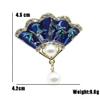 YAHOYA Vintage Blue Enamel Fan Brooch with Rhinestones and Pearl Pendant view 3
