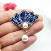 YAHOYA Vintage Blue Enamel Fan Brooch with Rhinestones and Pearl Pendant view 4