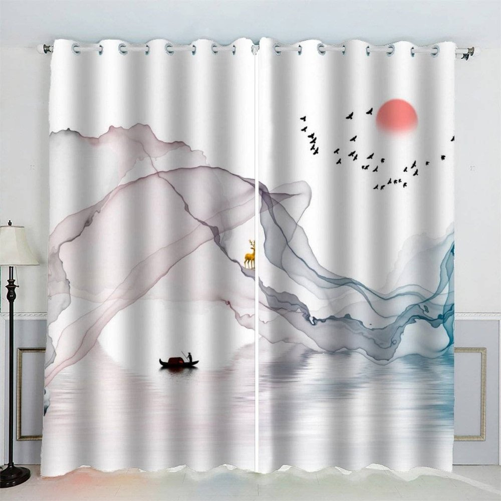 AKATIE Ink Painting Blackout Curtains, 2-Piece Set, 3D Nature Landscape Print, 234 x 137 cm