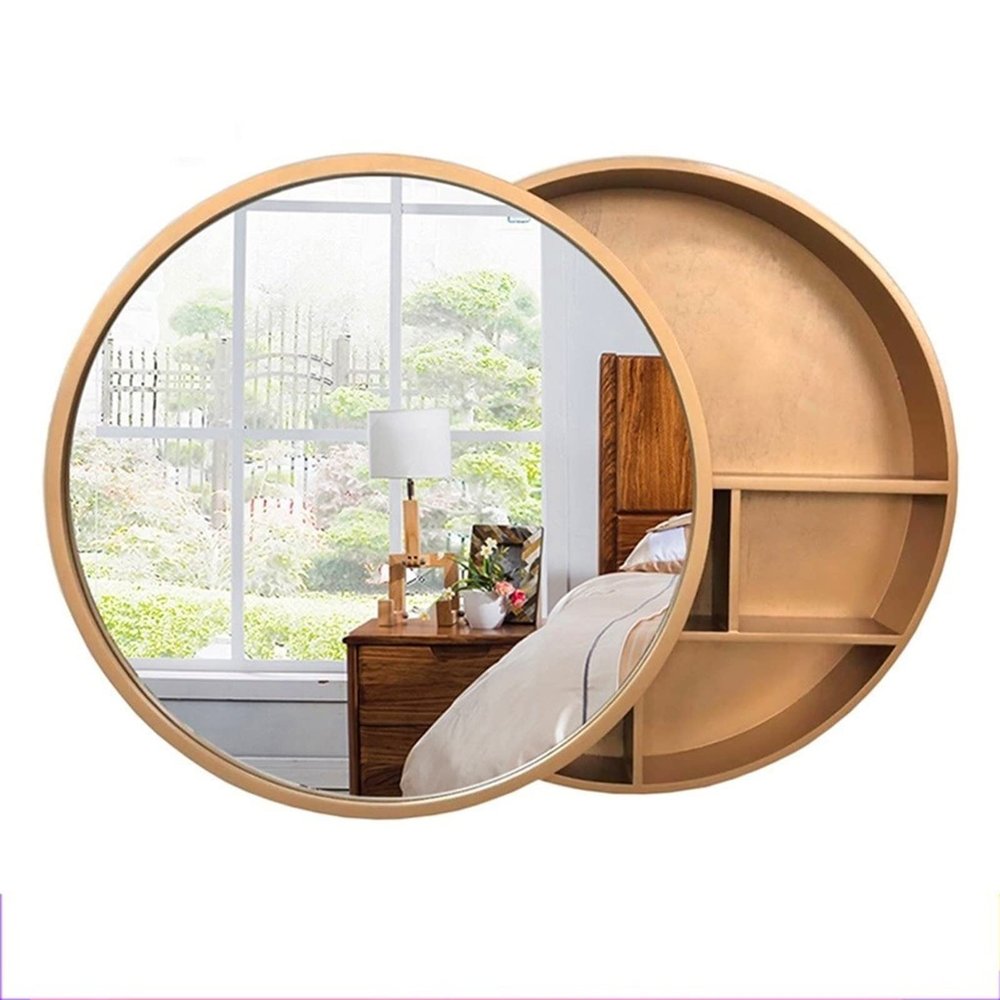 Round Bathroom Mirror Cabinet with Sliding Door, Gold, 50 cm