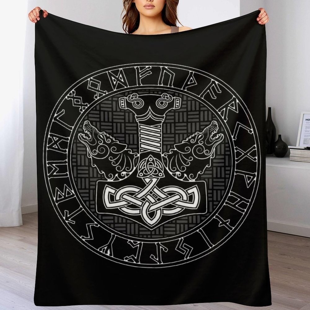 VZXATYOP Viking Thor's Hammer Retro Printed Fleece Blanket, Fenrir Wolf Pattern, Extra-Soft Warm Flannel Throw, Sofa, Home and Sleeping Blanket (Color: A11, Size: 50" x 60")