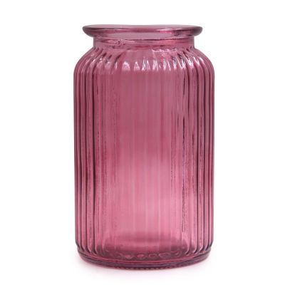 OFFIDIX Glass Vase, Modern Minimalist Column Vase with Vertical Stripes, Rose Red