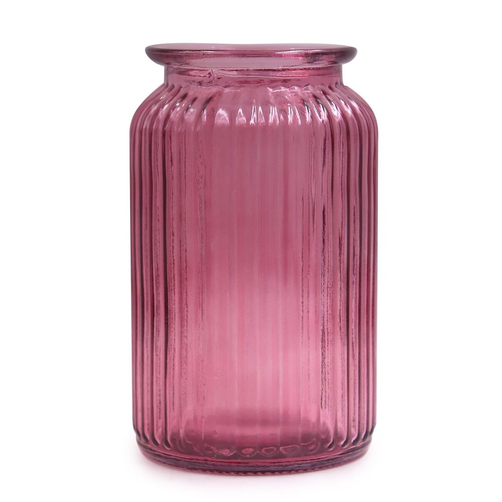 OFFIDIX Glass Vase, Modern Minimalist Column Vase with Vertical Stripes, Rose Red