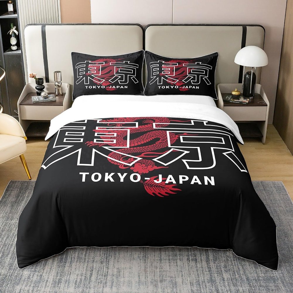100% Cotton Tokyo Bedding Set 220 x 240 cm, Japanese Duvet Cover with 2 Pillowcases, Red Dragon Design