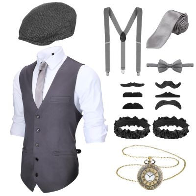 Blulu 1920s Men's Costume Accessories Set with Vest, Newsboy Cap, Pocket Watch, Tie, Suspenders and Beards, Gray, M