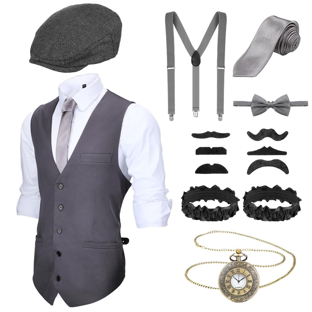Blulu 1920s Men's Costume Accessories Set with Vest, Newsboy Cap, Pocket Watch, Tie, Suspenders and Beards, Gray, M