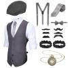 Blulu 1920s Men's Costume Accessories Set with Vest, Newsboy Cap, Pocket Watch, Tie, Suspenders and Beards, Gray, M view 1