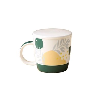 Nff Ceramic Coffee Mug with Lid and Handle, Dark Green, 320 ml