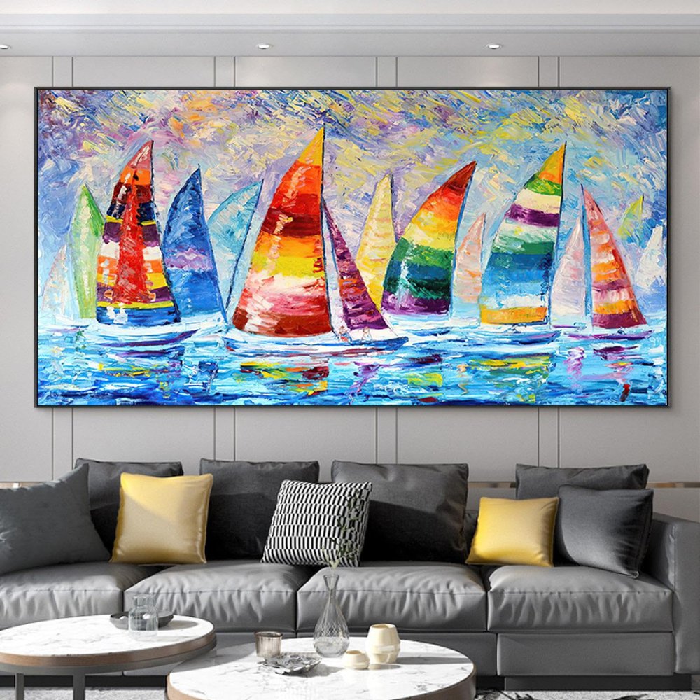 HOLEILUCK Abstract Colorful Sailboats Canvas Wall Art, Seascape, Unframed, 90 x 183 cm