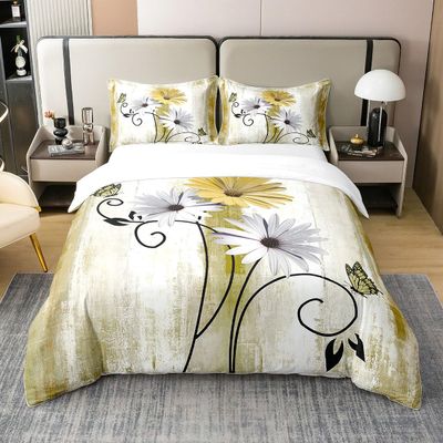 100% Organic Cotton Yellow Gray Duvet Cover Set, 155 x 220 cm, Daisy Butterfly Design