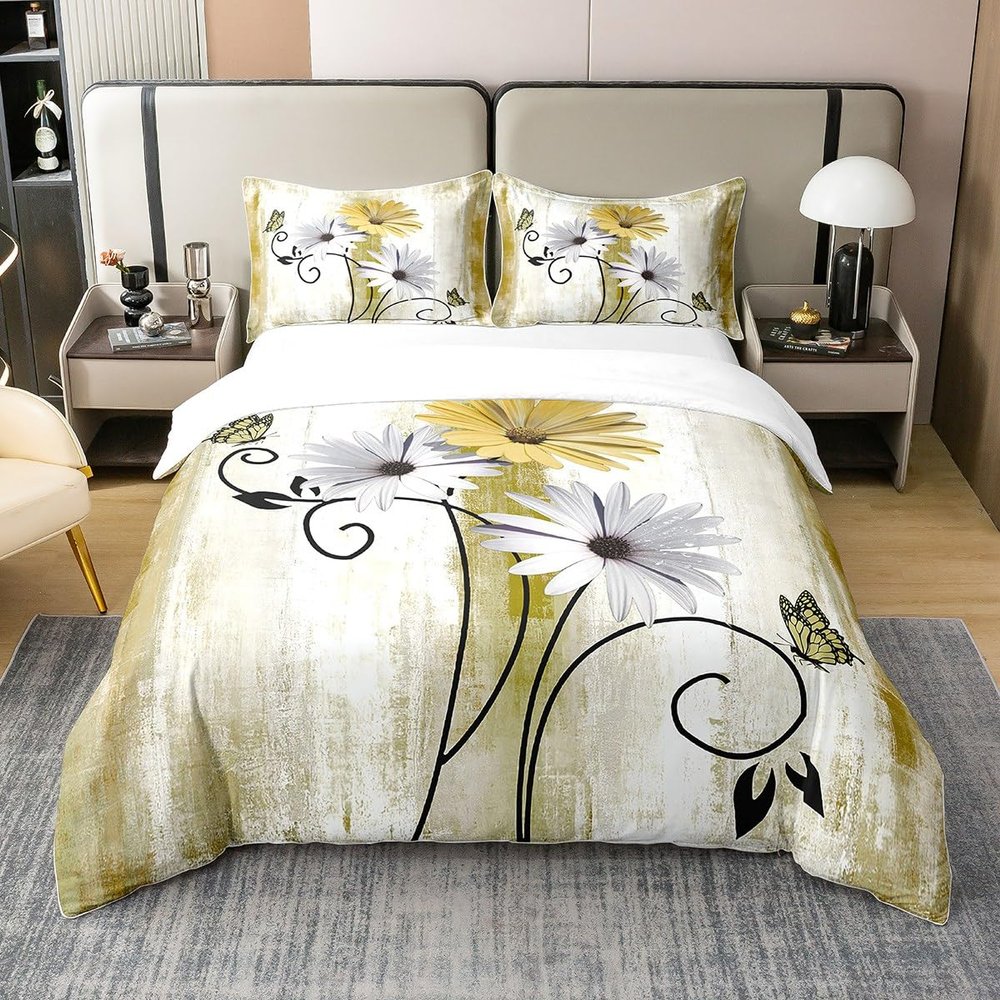 100% Organic Cotton Yellow Gray Duvet Cover Set, 155 x 220 cm, Daisy Butterfly Design