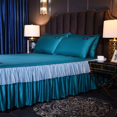 Odot Silk Fabric Ruffled Bed Skirt, Solid-Color Fitted Sheet with Elastic Ruffle, for Box Spring Beds, 150 x 200 cm, Blue
